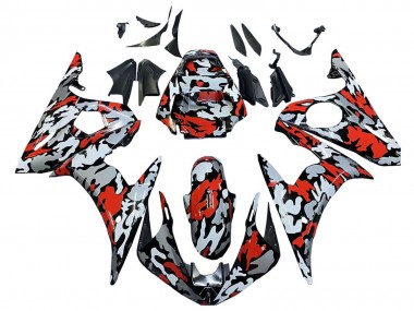 2005 Yamaha YZF 600 R6 Motorcycle Fairings - Black Red Grey Camouflage