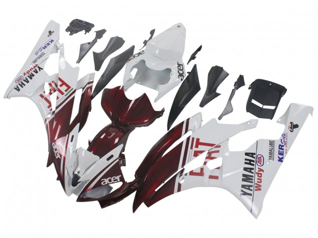 2006-2007 Yamaha YZF 600 R6 Motorcycle Fairings - White Maroon Red Fiat Acer Yamalube