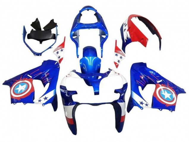 2000-2001 Kawasaki ZX9R Motorcycle Fairings - Blue Red Captain America Star