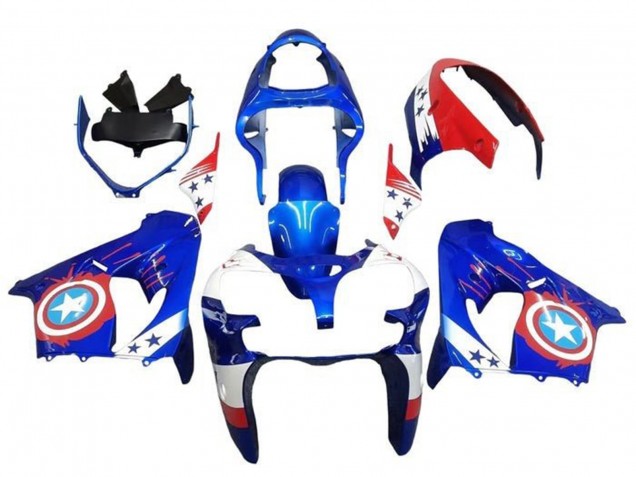2002-2003 Kawasaki ZX9R Motorcycle Fairings - Blue White Red Captain America Star