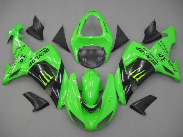 2006-2007 Kawasaki ZX10R Motorcycle Fairings - Green Glossy Black Monster Dunlop