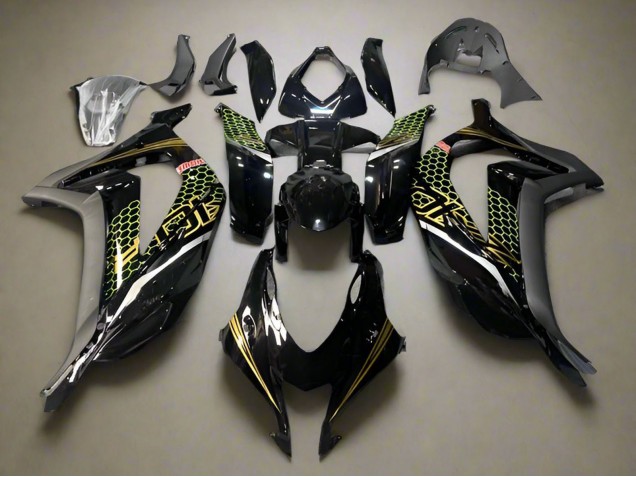2016-2020 Kawasaki ZX10R Motorcycle Fairings - Glossy Black Gold Honeycomb
