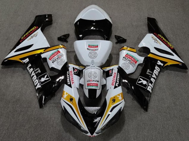2005-2006 Kawasaki ZX6R Motorcycle Fairings - White Black Gold Red Rizoma Playboy