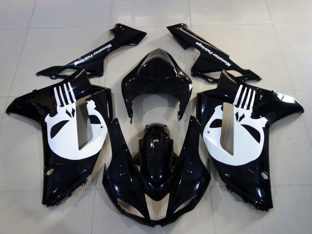 2007-2008 Kawasaki ZX6R Motorcycle Fairings - Black White Skull
