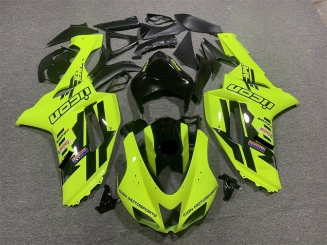 2007-2008 Kawasaki ZX6R Motorcycle Fairings - Neon Yellow Black Icon