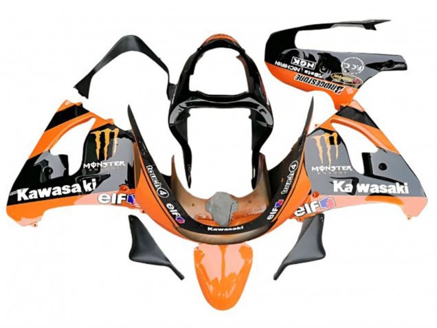 2009-2012 Kawasaki ZX6R Motorcycle Fairings - Orange Glossy Black Elf Monster