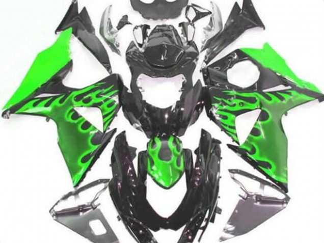 2009-2016 Suzuki GSXR 1000 Motorcycle Fairings - Glossy Black Green Flame