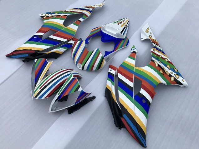 2008-2016 Yamaha YZF R6 Motorcycle Fairings - White Blue Green Yellow Red Rainbow Stripe