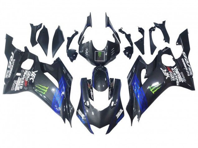 2017-2023 Yamaha YZF R6 Motorcycle Fairings - Blue Black Faux Carbon Fiber Green Monster