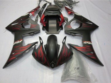2005 Yamaha YZF R6 Motorcycle Fairings - Matte Black Matte Red Flame