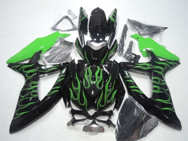 2008-2010 Suzuki GSXR 600 Motorcycle Fairings - Glossy Black Green Flame