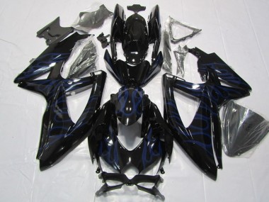 2008-2010 Suzuki GSXR 600 Motorcycle Fairings - Glossy Black Blue Flame