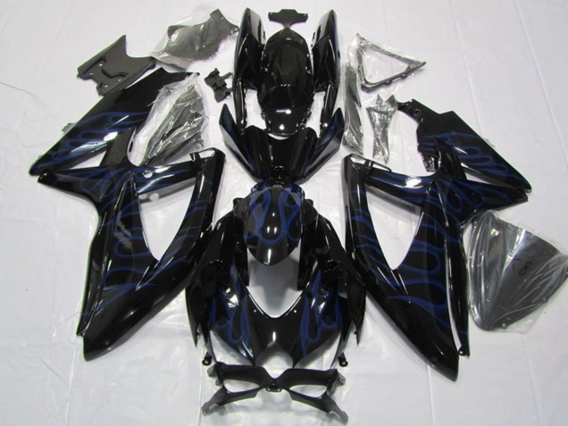 2008-2010 Suzuki GSXR 600 Motorcycle Fairings - Glossy Black Blue Flame