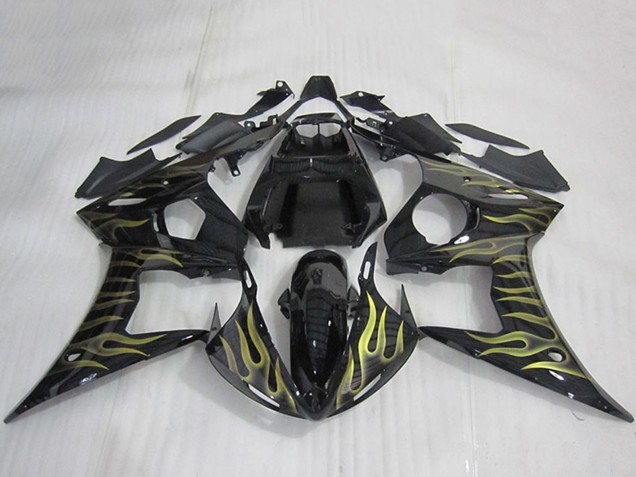 2003-2004 Yamaha YZF R6 Motorcycle Fairings - Glossy Black Gold Flame