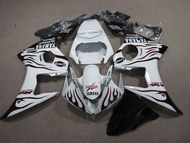 2003-2004 Yamaha YZF R6 Motorcycle Fairings - White Glossy Black Flame Shark