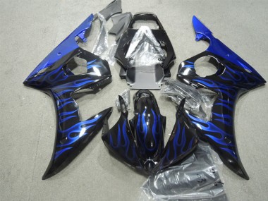 2003-2004 Yamaha YZF R6 Motorcycle Fairings - Glossy Black Blue Flame