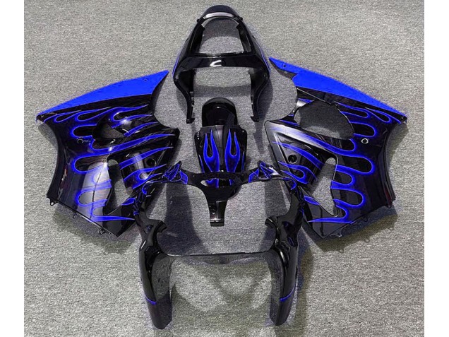 2000-2002 Gloss Black & Blue Flame Kawasaki ZX6R Motorcycle Fairings