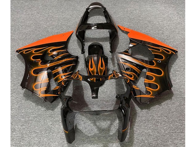 2000-2002 Gloss Black & Orange Flame Kawasaki ZX6R Motorcycle Fairings