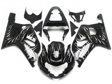 2001-2003 Black and White Gloss Flame Suzuki GSXR 600-750 Motorcycle Fairings