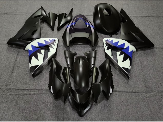 2004-2005 Matte Black and Dark Blue Shark Kawasaki ZX10R Motorcycle Fairings