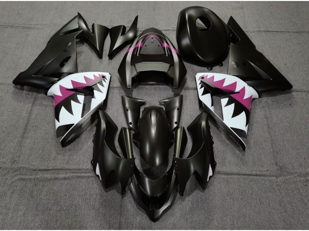 2004-2005 Matte Black and Pink Shark Kawasaki ZX10R Motorcycle Fairings