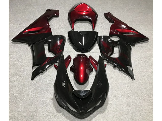 2005-2006 Gloss Black & Deep Red Kawasaki ZX6R Motorcycle Fairings