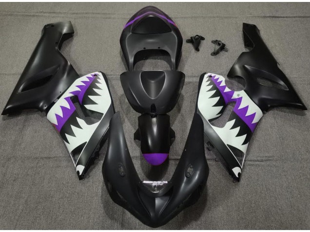 2005-2006 Matte Black and Purple Shark Kawasaki ZX6R Motorcycle Fairings