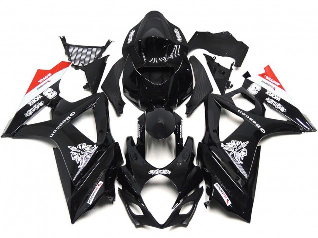 2007-2008 Custom Black with Hint of White and Red Suzuki GSXR 1000 Motorcycle Fairings