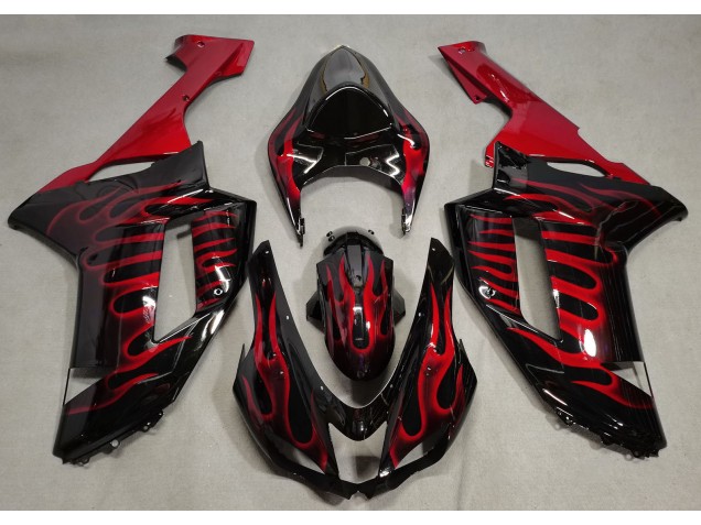 2007-2008 Gloss Black & Red Flame Kawasaki ZX6R Motorcycle Fairings