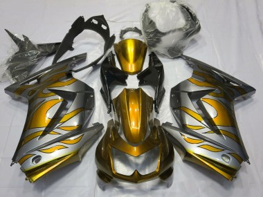 2008-2012 Gold and Silver Flame Kawasaki Ninja 250 Motorcycle Fairings