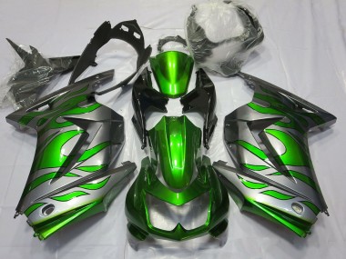 2008-2012 Green and Silver Flame Kawasaki Ninja 250 Motorcycle Fairings