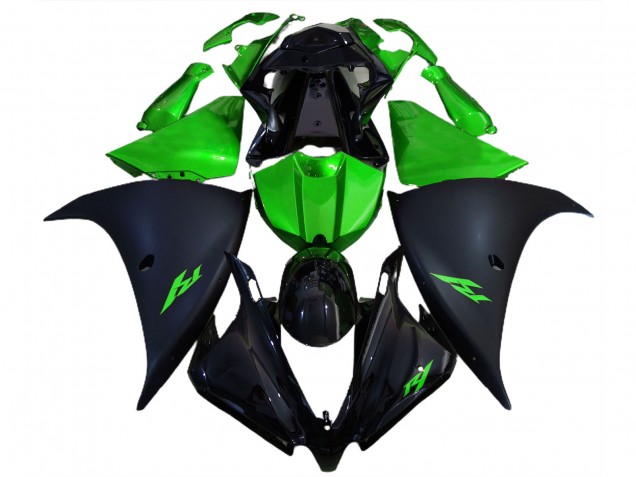 2012-2014 Matte Black and Green Yamaha R1 Motorcycle Fairings